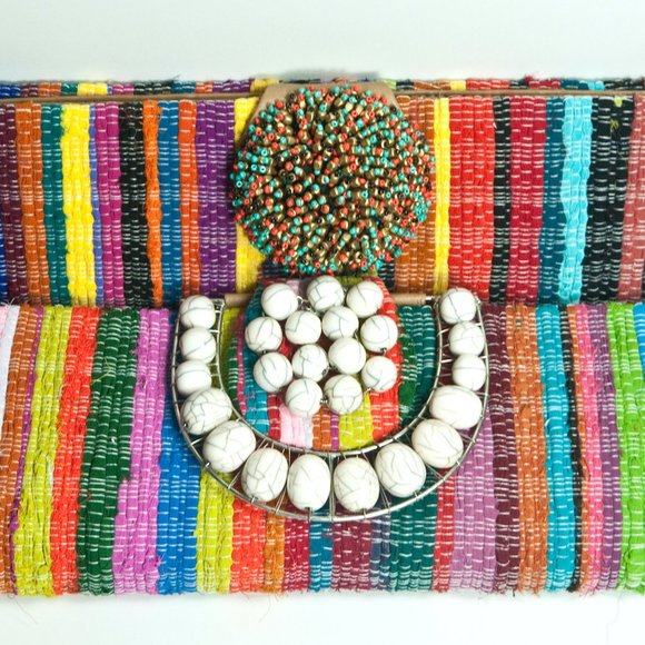 WOVEN FABRIC CLUTCH WITH BEADED CLASP - Picture 2 of 11